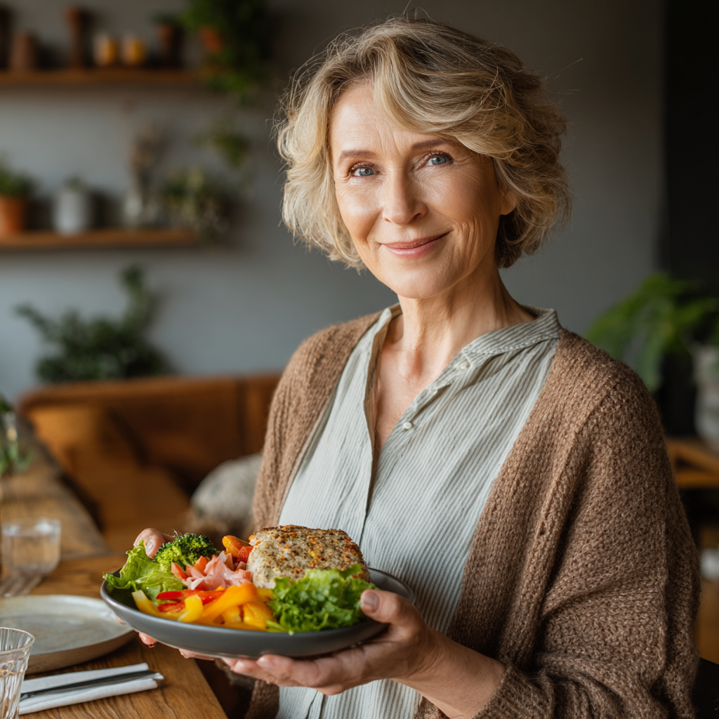 Smiling middle-aged Ukrainian woman preparing healthy meal ingredients in modern kitchen